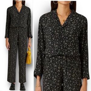 GANNI Floral-Print Button Up Blouse Shirt Top 3/4 Sleeve In Black Yellow Size XL